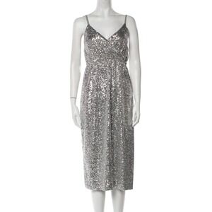 Emerson Fry Slip Dress Sequins Midi V Neck Party Holiday Women Large Silver NEW